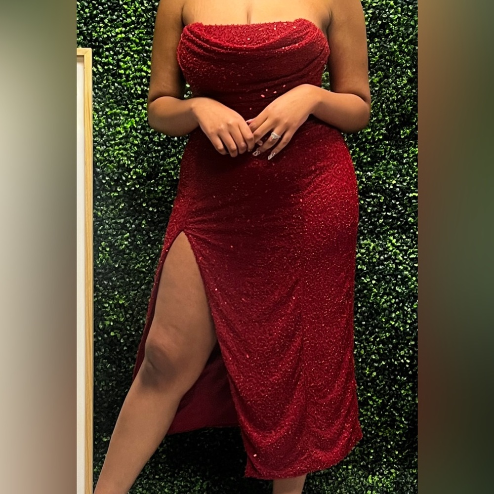 Red Pearl Beaded Evening Gown